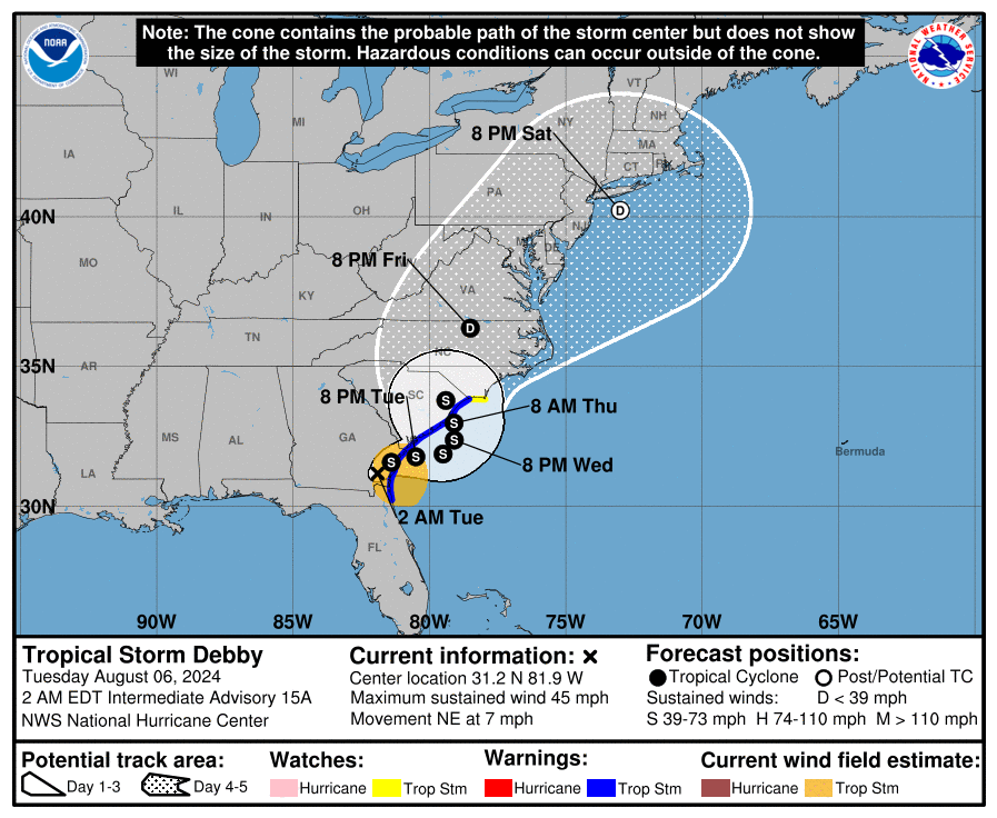 Debby Headed to the Carolinas
