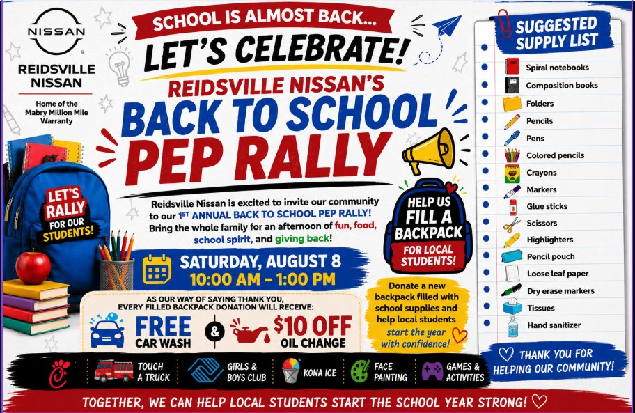 Don't forget about the Reidsville Nissan's Back to School Event! This Saturday, August ...